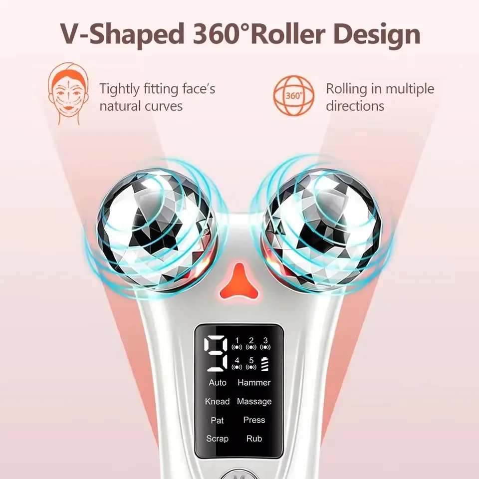 8-Mode 9-Intensity EMS Face Massager with LED Light 360° Rolling Ball Facial Lifting Tool USB Rechargeable Face Skin Care Device