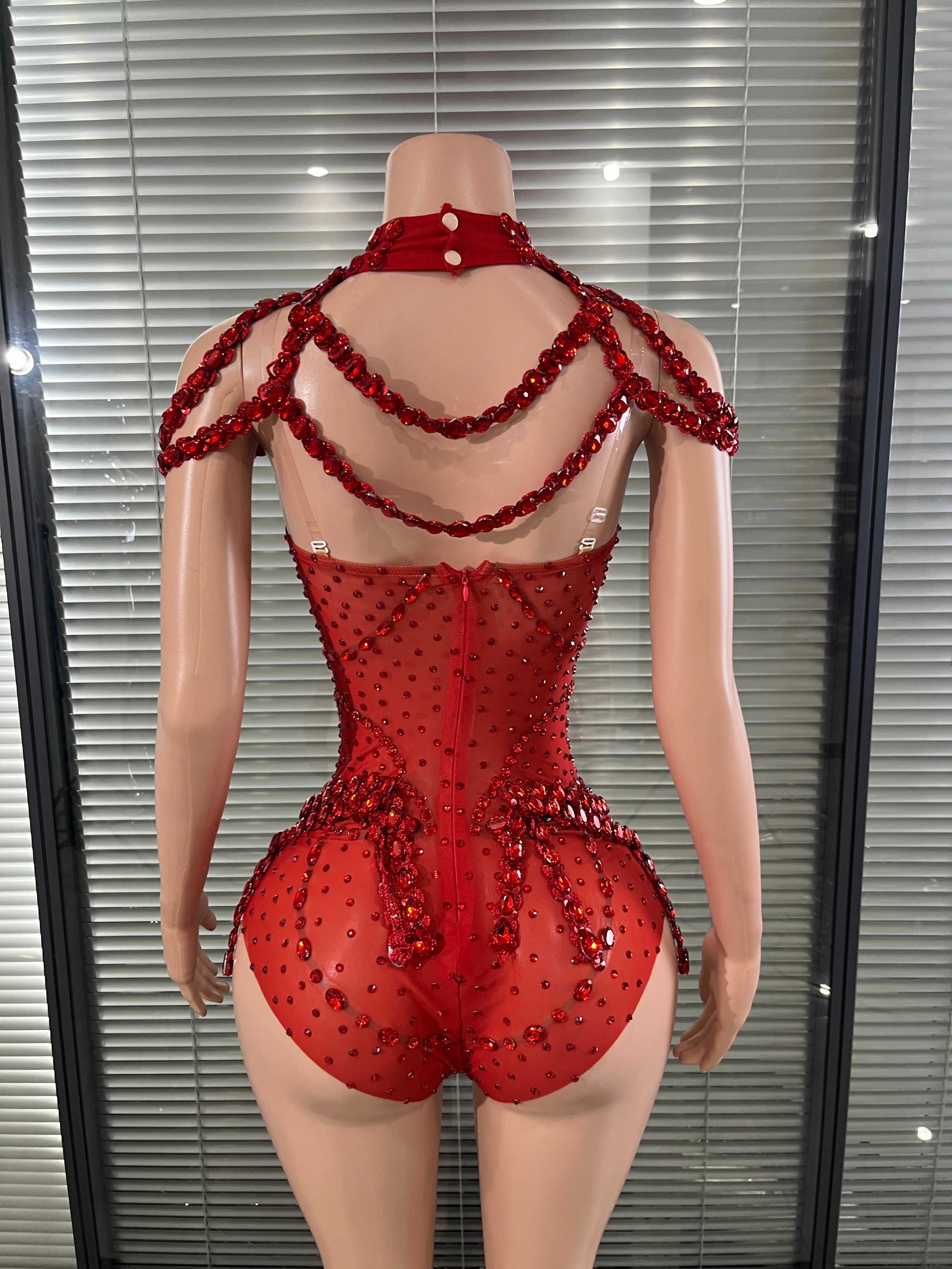 Glamorous Red Rhinestone Mesh Bodysuit with Choker Neckline and Tassel Fringe for Dancers, Raves and Nightclub Performances