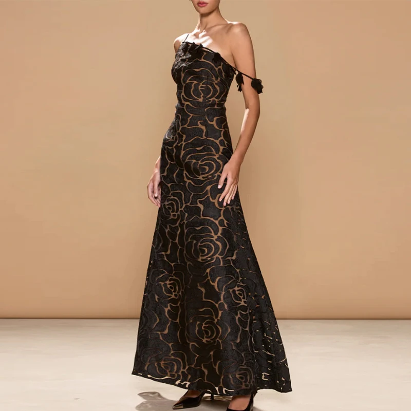 夏用ホローアウトノースリーブキャミソールドレス レディース カジュアル バックレス ウェディングドレス ゲスト用 シック ブラック フラワー バケーション ロングドレス
