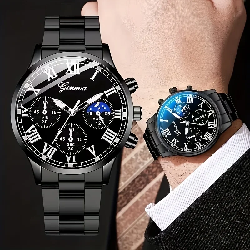 4pcs/set Men's Round Steel Strip Quartz Watch and Accessory Set, Perfect for Leisure, Business, and Event Participation