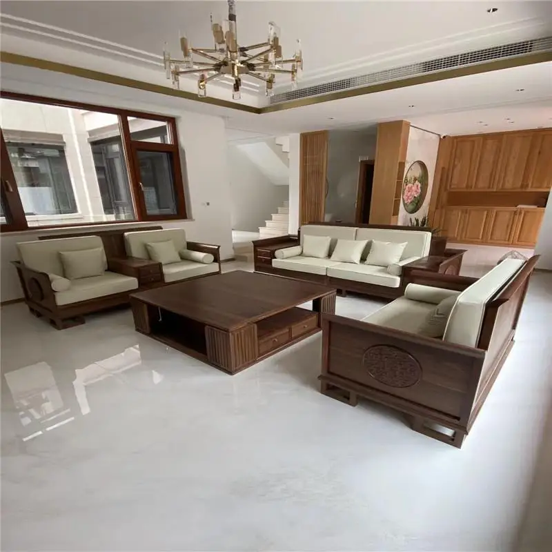 

Black walnut sofa furniture leather solid wood combination small apartment new Chinese simple