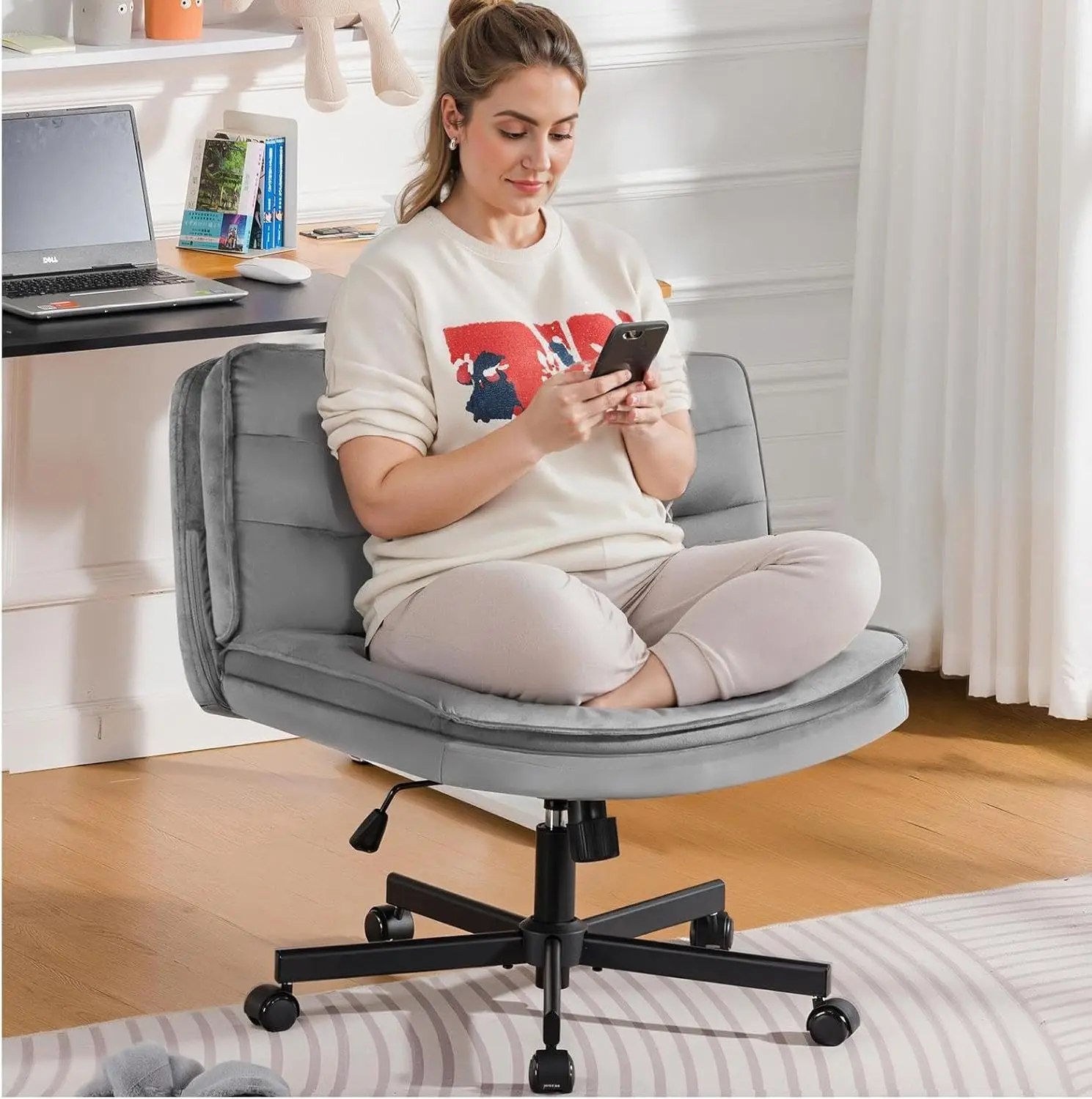 

Cross Legged Office Chair with Wheels Armless-Office Desk Chair, Modern Vanity Computer Task Chairs for Home Bedroom