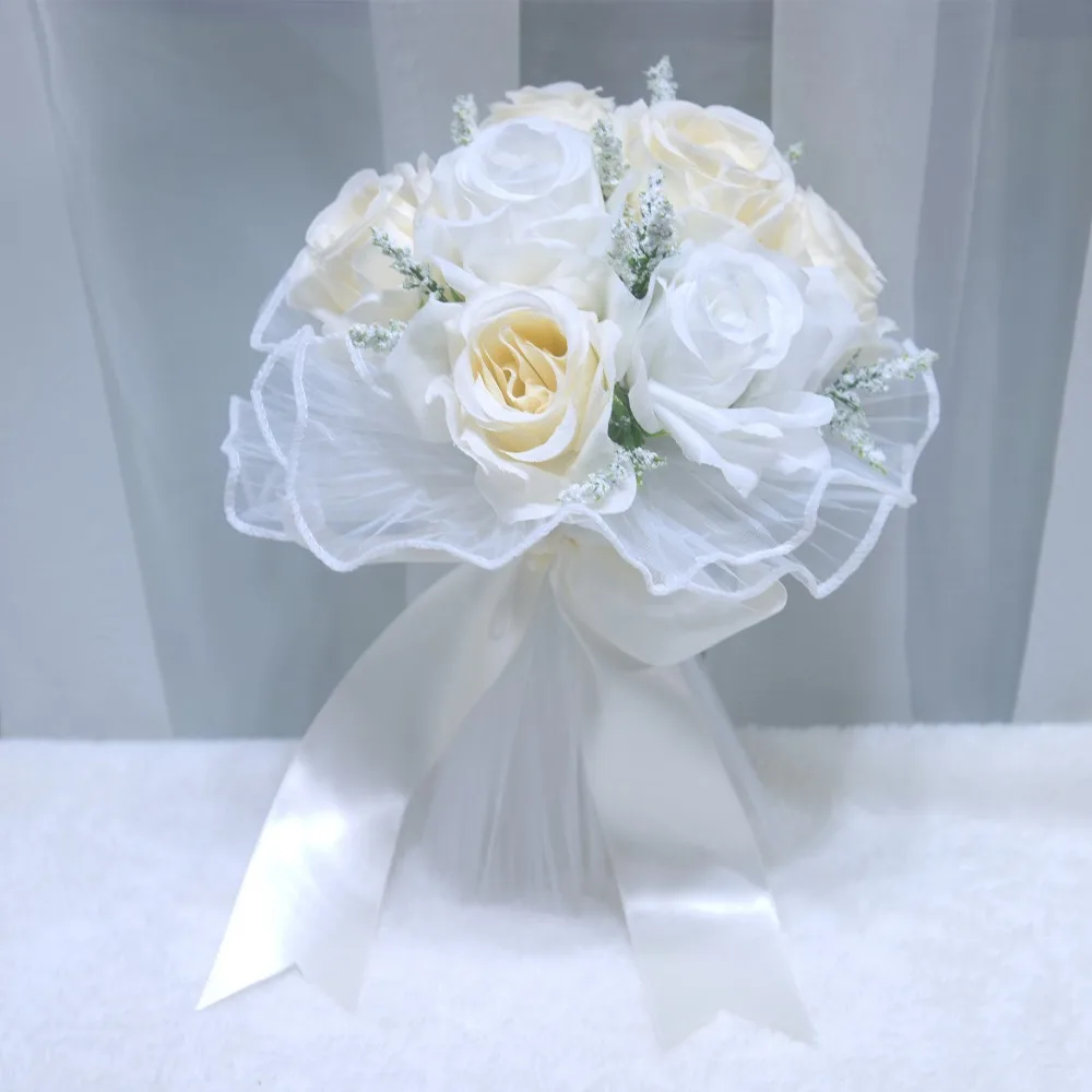 

Bridal Wedding Flower Bouquets with Lace Bow Stain Ribbon Wedding Valentines'Day Wedding Props Marriage Decoration