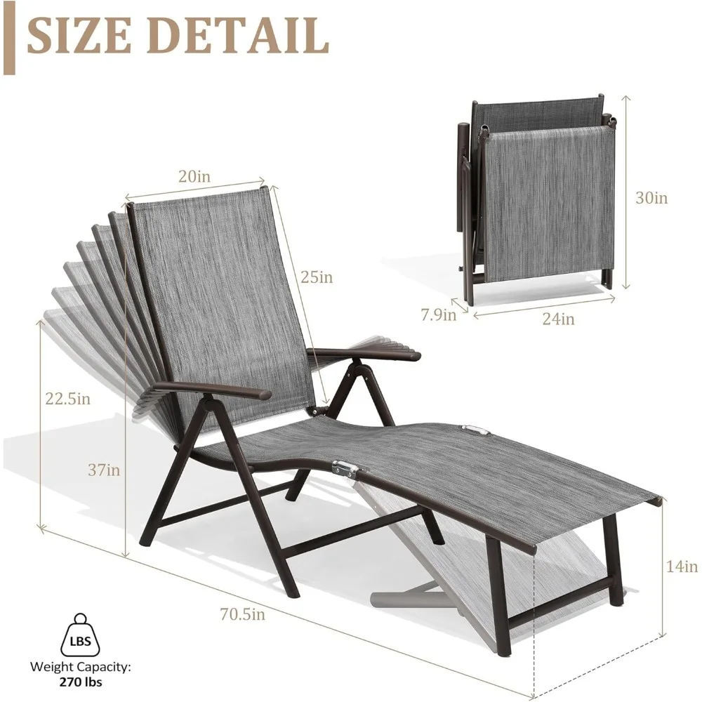 Silla reclinable plegable para exteriores, tumbona ajustable con 8 posiciones de respaldo ajustables, para Patio, 2 piezas