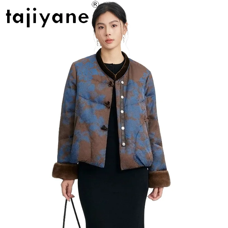 เสื้อแจ็คเก็ตขนห่านแท้ 90% ยี่ห้อ TAJIYANE สำหรับผู้หญิง หรูหราด้วยขอบขนมิงค์ แจ็คเก็ตพัฟเฟอร์แบบสั้น เสื้อโค้ทขนเป็ดสำหรับฤดูหนาว ปี 2026 เสื้อผ้าผู้หญิง
