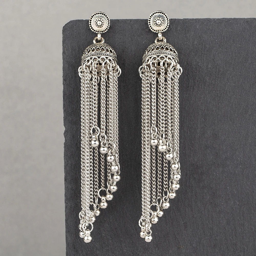 Vintage New Silver Metal Long Tassel Earrings for Women Indian Jewelry Lantern Chain Dangle Earrings Ethnic Party Pendientes