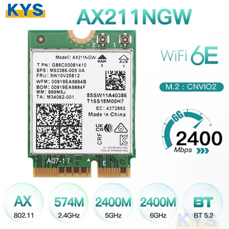 WiFi 6E AX211NGW Tri Band 2.4G/5G/6Ghz Wireless Network Wifi Card Adapter For Bluetooth 5.2 Intel AX211 M.2 KeyE CNVio Windows11