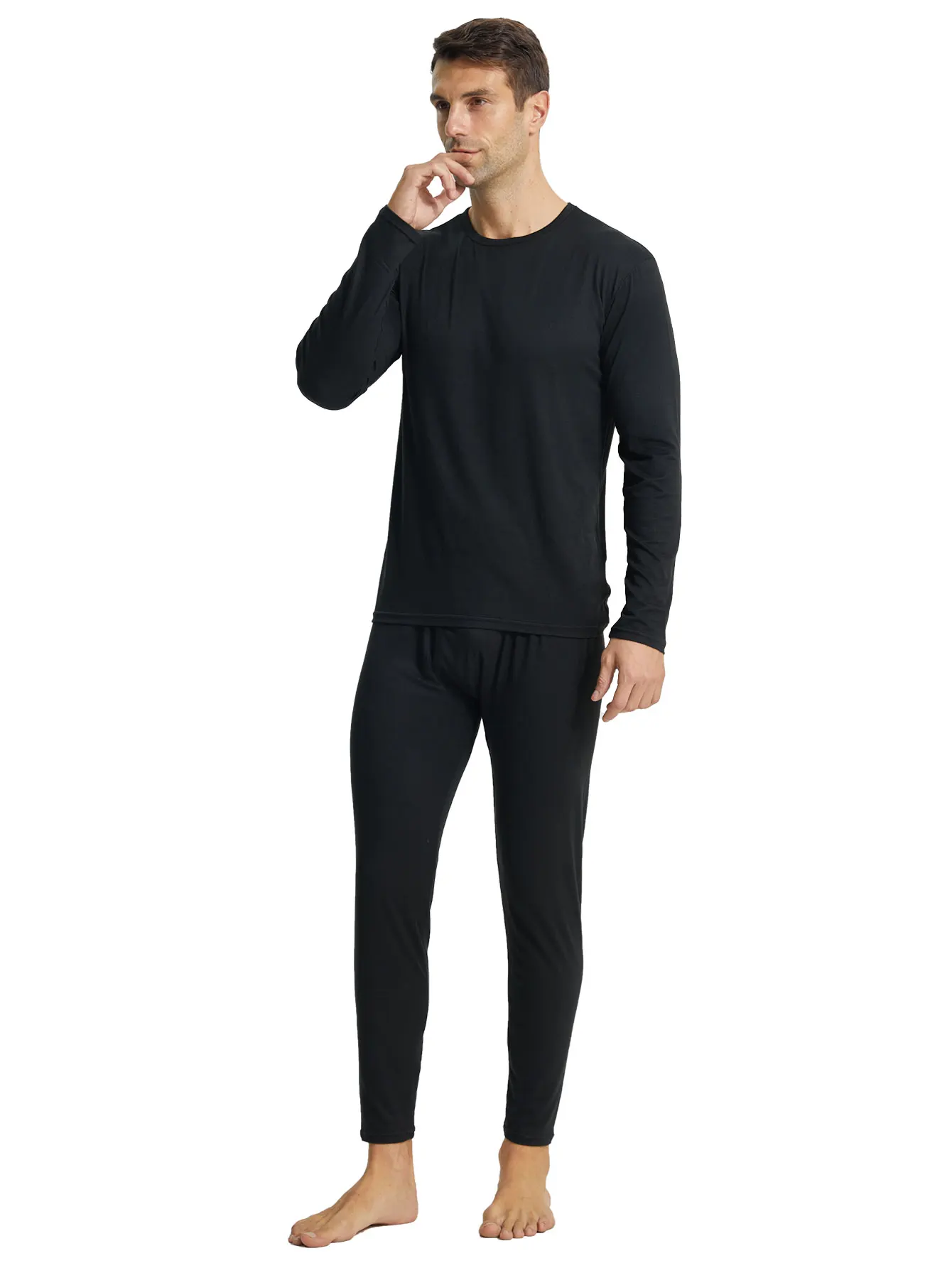 Men's round neck long sleeved thermal underwear set, suitable for wearing comfortable underwear in cold weather, T-shirt and pan