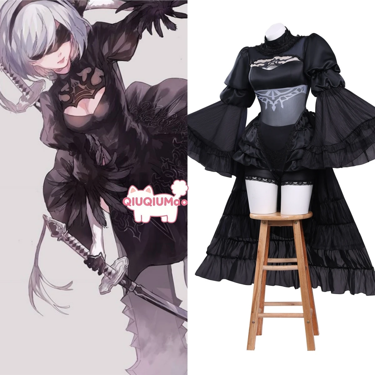 

Popular Game Cosplay Costume Anime 2B Role Playing Black Wedding Dress Outfit Wig for Women Adult Comic Con Party Suits