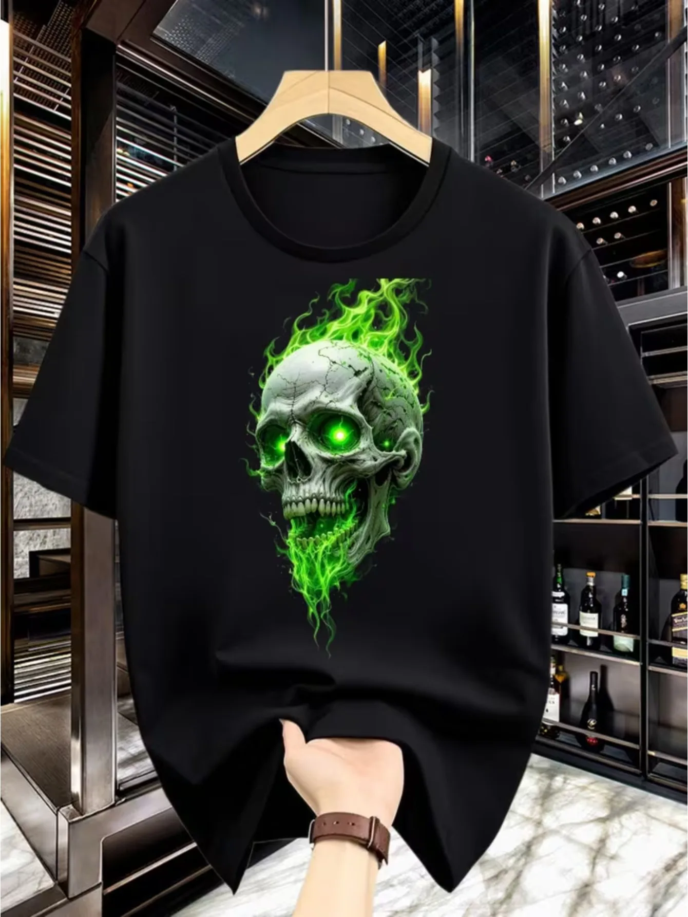 Men'S Neon Green Glowing Skull T-Shirt- Quick Dry Short Sleeve Crew Neck Tee with Reactive Gothic Design for Parties, Nightlife And Casual Wear- Comfortable Summer Streetwear()