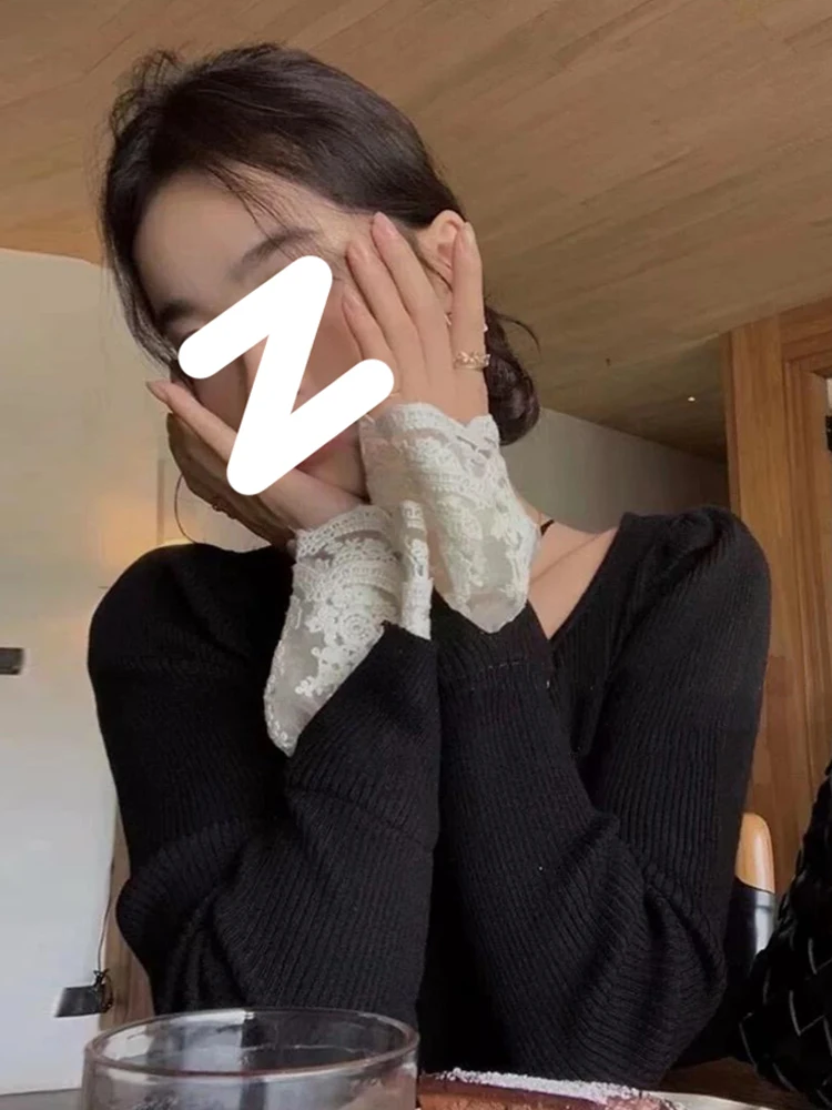 Women's V-ne Knitted Sweater Lace Patchwork Autumn Winter Faion Classy Base Layer irt 2024 New Arrival Slim Fit Long Sl...