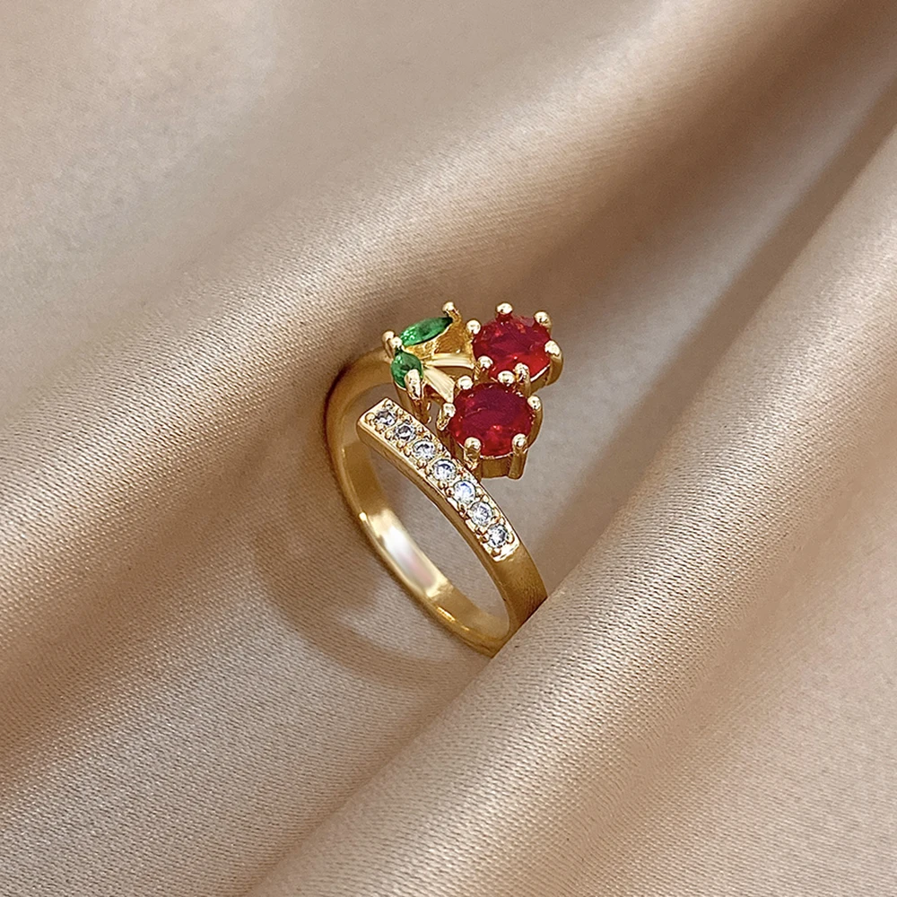 Cute Sweet Inlaid Red Zircon Cherry Shaped Stainless Steel Metal Rings Lovely Fruit Cherry Finger Ring for Women Girl