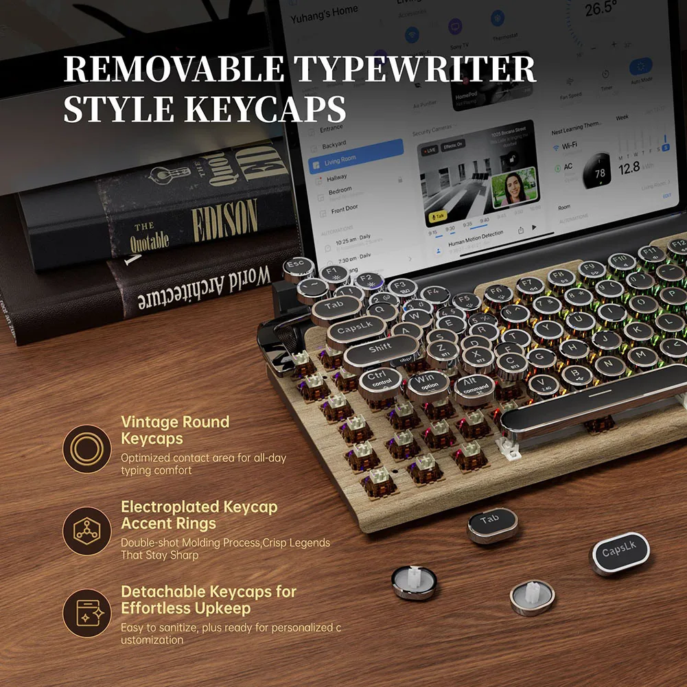 83 Key Wood Colored Retro Typewriter Keyboard Hot Swappable Switches Metal Construction BT5.0 Wireless and Support