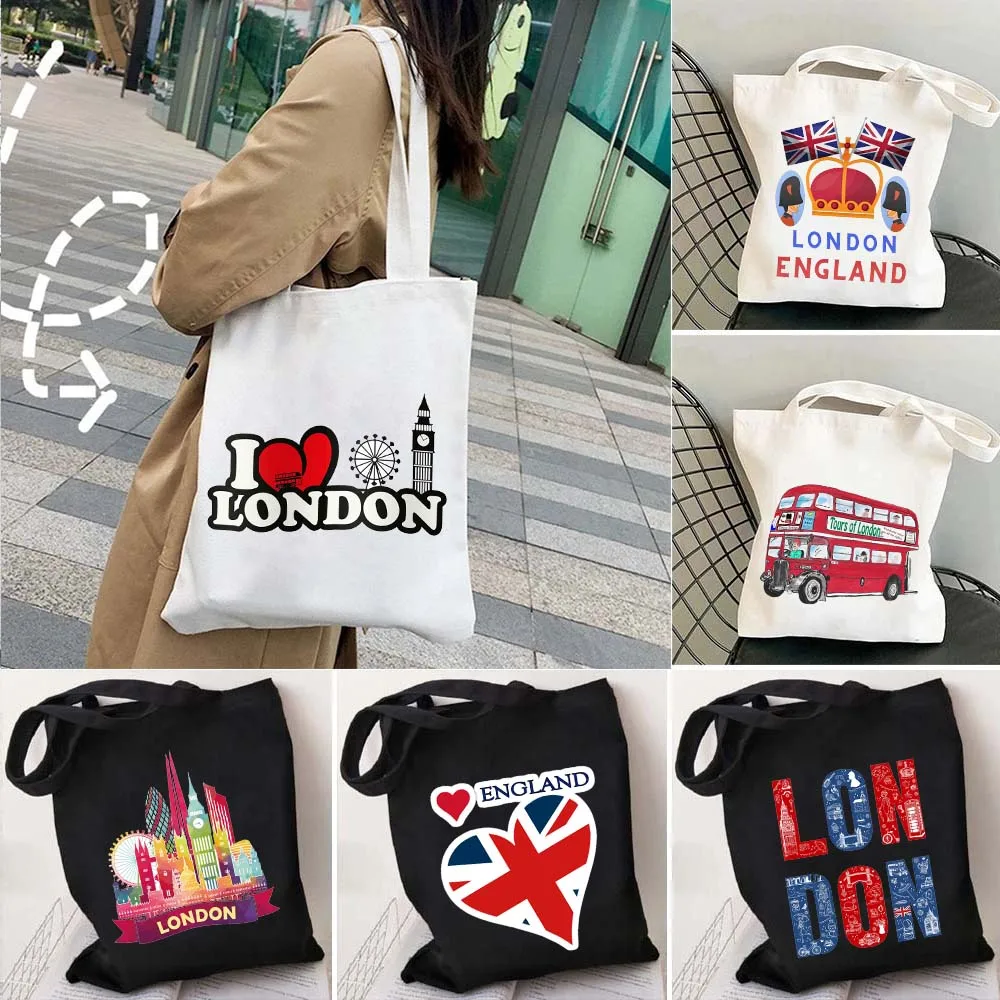 

United Kingdom London England Flag Map Shopper Canvas Tote Bag Vintage Bus Big Ben Bridge Phone Booth Trip Travel Cotton Handbag