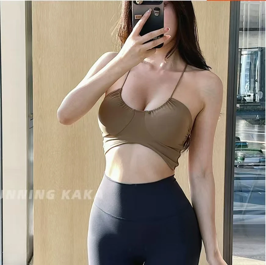 U-shaped vest for women, sexy tank top, back cross strap, push up, running, sports bra, breathable, soft, fitness, beauty bar