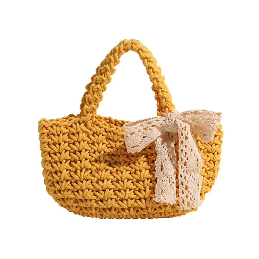 

Trendy Hollow Out Beach Straw Bag Lace Bowknot Elegant Knitted Handbag Tote Large Capacity Bucket Bag Shopping