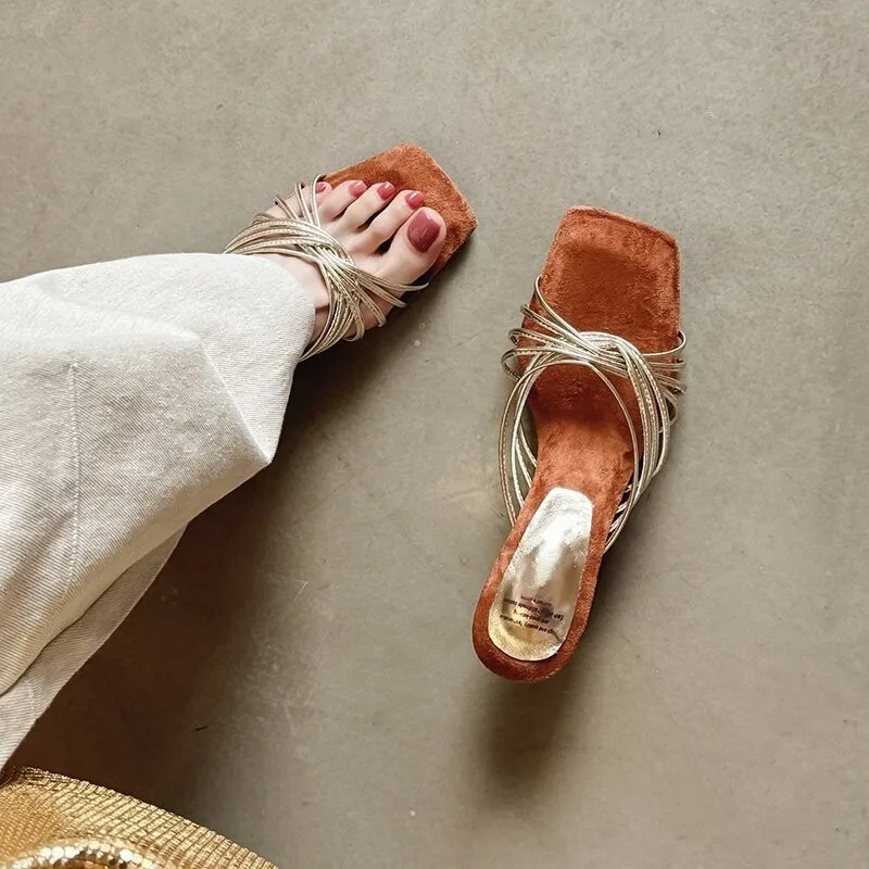 Women Slippers French Style Temperament Square Head Slope Heel Cool Slipper Summer Open-toe One-word Cool Slides Sandalias Mujer