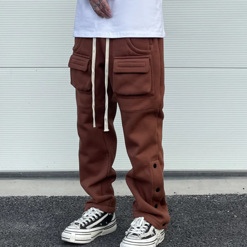 Mens High Street Loose Fit Elastic Waist Pants Winter Warm Fleece Pants Bottons Hip Hop Drawstring Sportwear Sweatpants Joggers