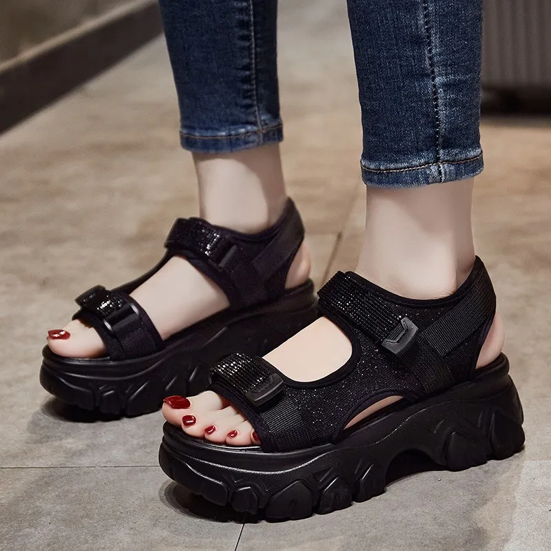 Pu Leather 5cm Platform Sandals Wedge Heel for Women Summer Shoes Casual Hook Loop Slides Beach Shoes Slippers Chunky Shoes 2024