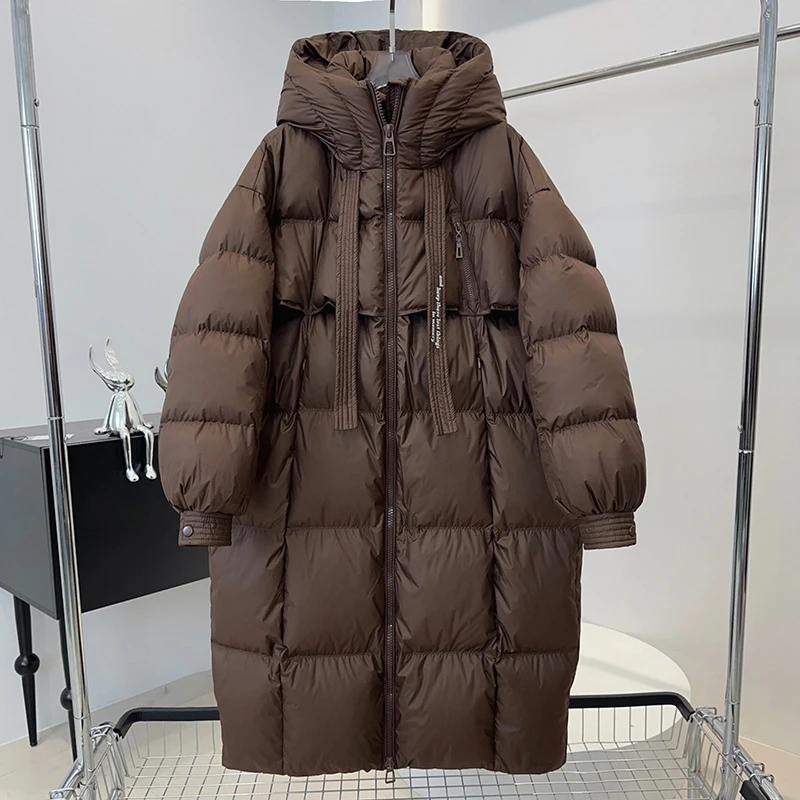 Schinteon Women White Duck Down Long Jacket Casual Loose Over Size Autumn Winter Outwear with Hood Korean Style Thick Coat 2026