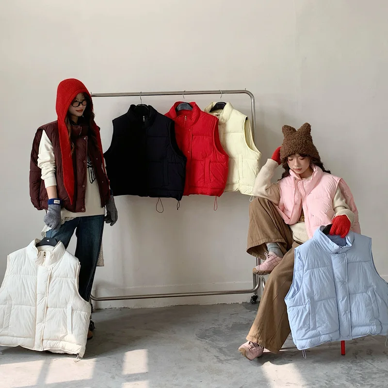 Women Parkas Solid Vest Coat  Zipper Button Pocket Stand Collar Straight Thick Sleeveless Loose Office Lady Casual Winter 2025