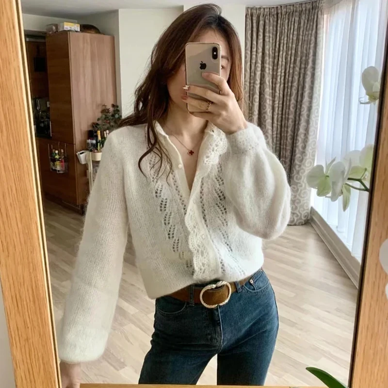 เสื้อคาร์ดิแกนไหมพรมถักลายฉลุ แขนยาว ทรงหลวม สไตล์ลำลอง ติดกระดุมแถวเดียว สีพื้น สำหรับผู้หญิง คอลเลคชั่นฤดูใบไม้ร่วง ปี 2025 รุ่น Tornova