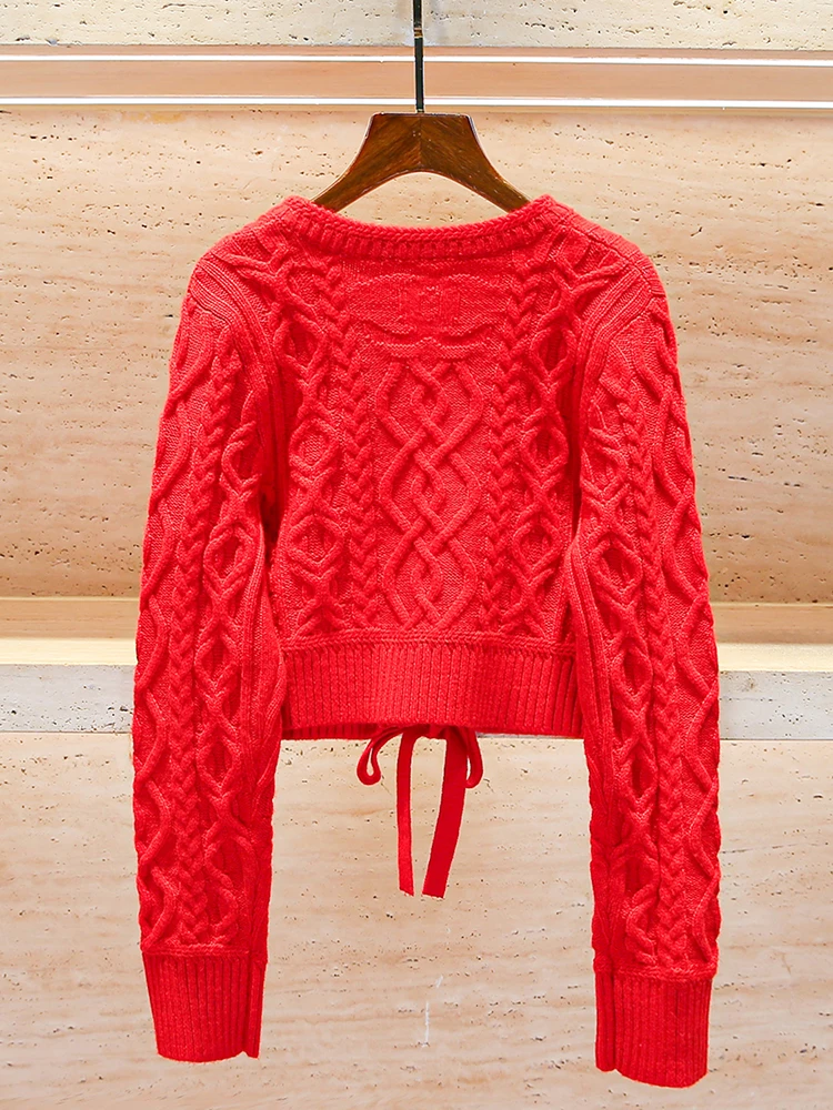 كارديجان محبوك مفتوح أنيق بحزام وعقدة فراشة للنساء، تصميم أوروبي راقي لفصل الربيع، نمط بسيط وقصير