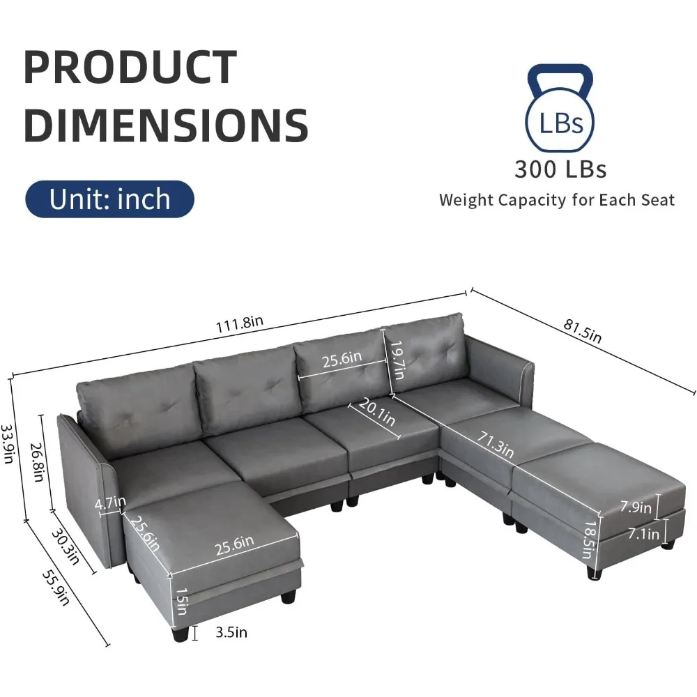 Modular sofa, convertible U-shaped sofa with storage space, waterproof faux leather fabric, 7-seat modular sofa