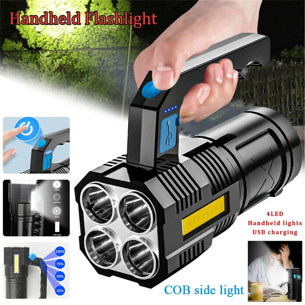 New Handheld LED Flashlight With USB Cable USB Charge Portable Lamp 4 Bright Lighting Modes Outdoor Searchlight Camping Fishing