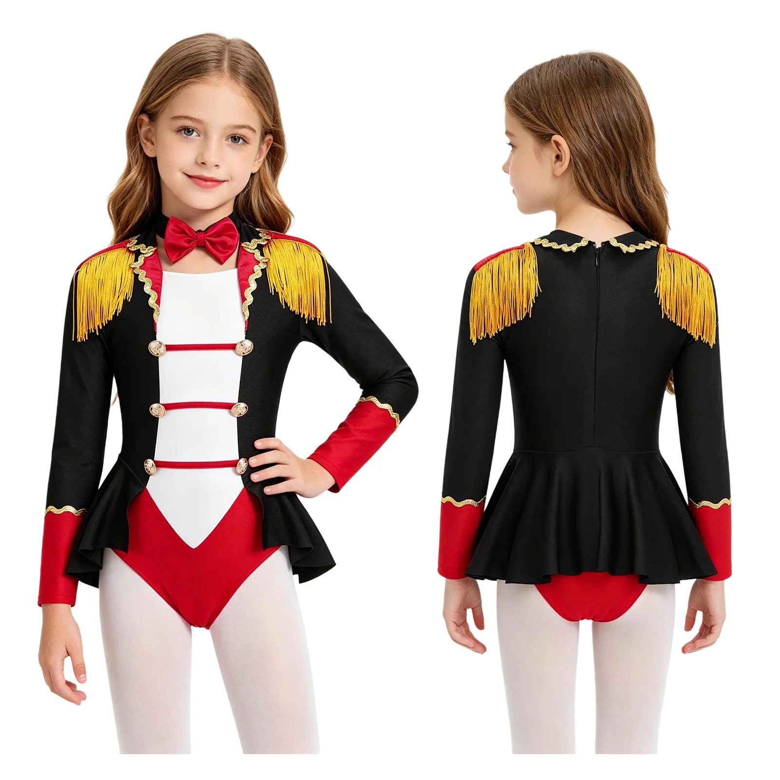 

Girls Circus Ringmaster Costume Long Sleeve Tassel Leotard Jumpsuit with Magic Wand Gloves Suits Halloween Lion Tamer Dress Up