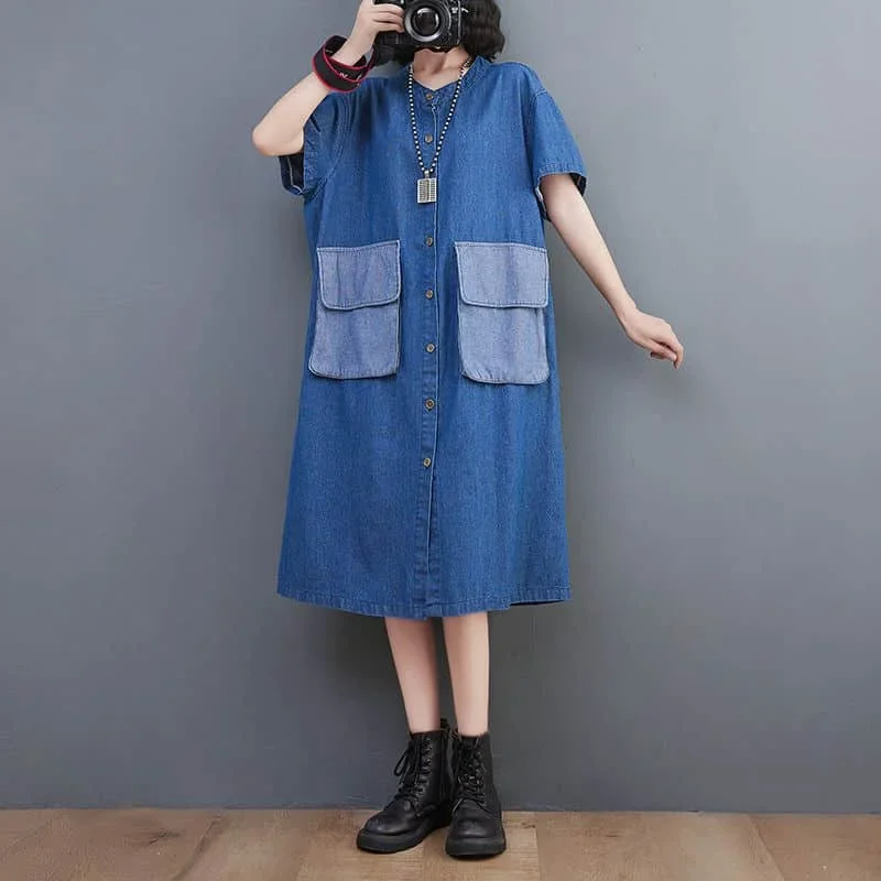 

Pop Blue Denim Dress Women O-neck Casual Loose Short Sleeve Single Breasted Shirts Skirts Pocket Design Vintage Trend Artistic D