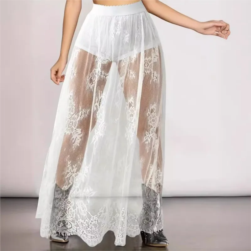 

Women See Through Jacquard Maxi Skirts With Safety Trousers High Waist Fashion Dress Sexy Sheer Mesh Embroidery Lace Long Skirt