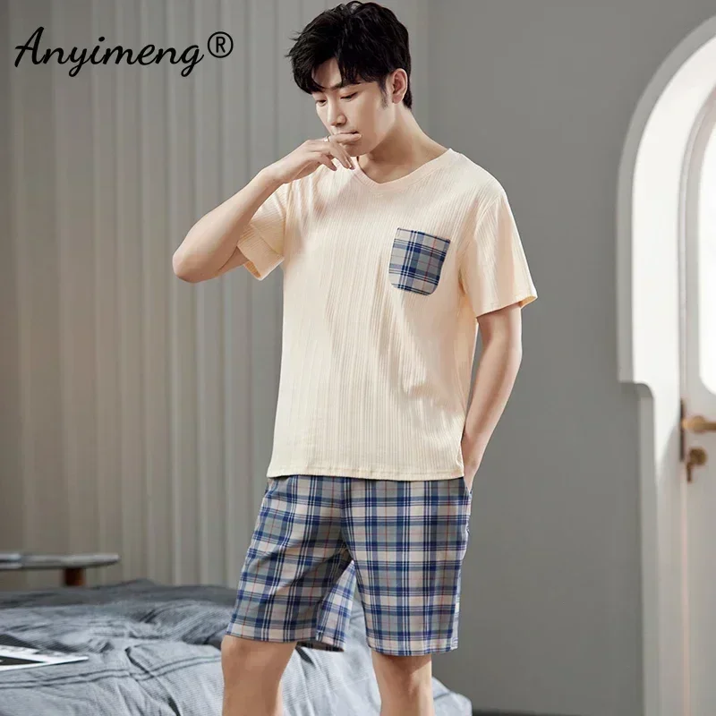 Young Men Pajamas for Summer Soft Cotton Home Suit Men\'s Pijama Sets Pullover Plaid Male Short Sleepwear Casual Youth Loungewear