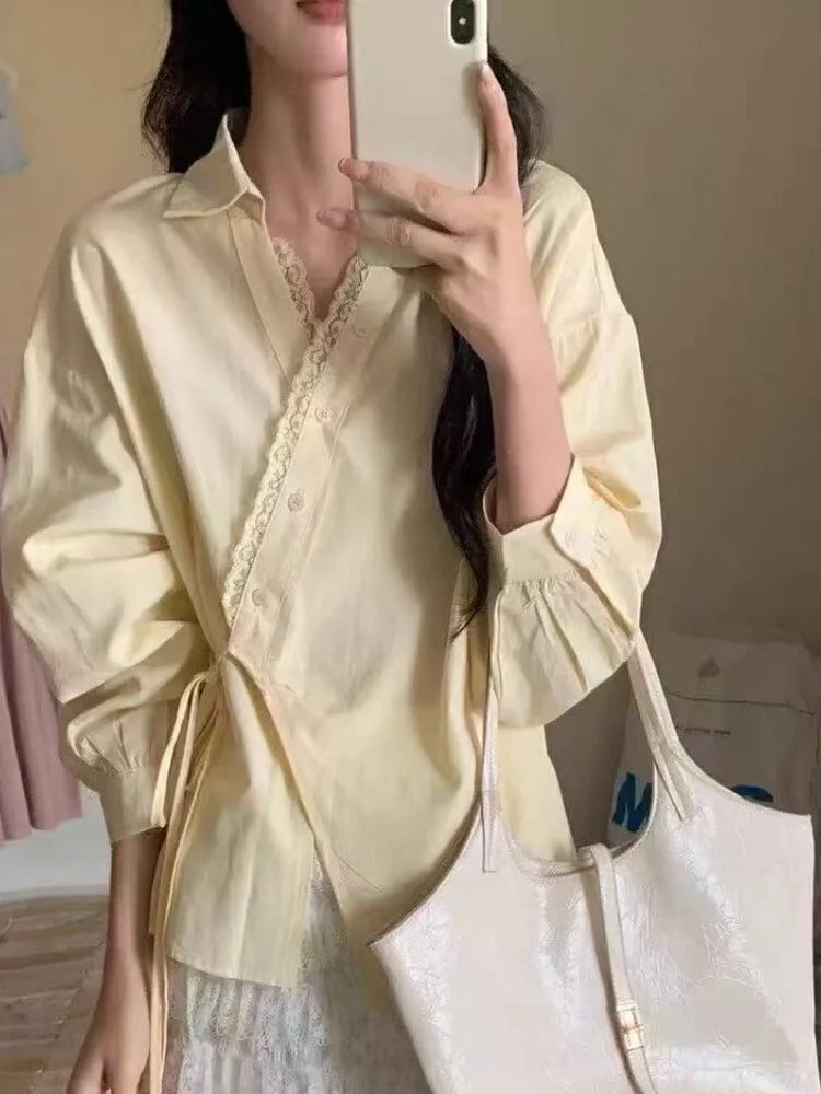 

Elegant Long Sleeve Shirt Women's Spring Summer New Style Lace Trim Splicing Irregular Design Chic Top Loose Fit Classic Collar