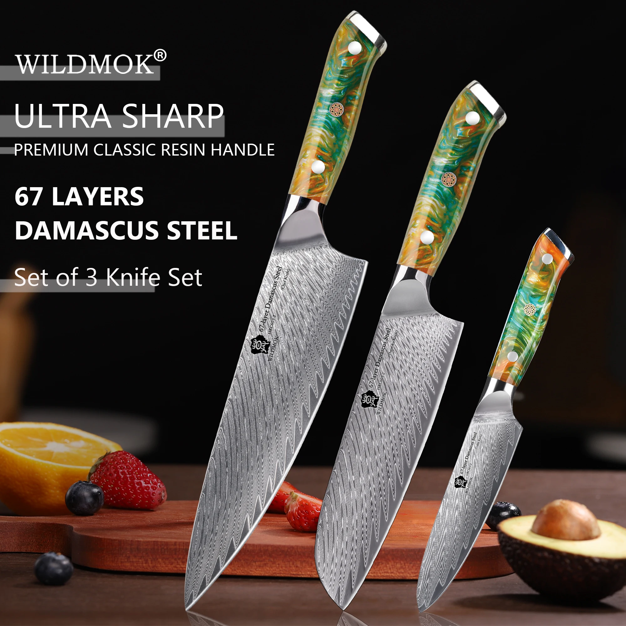 

WILDMOK Professional Damascus Steel Kitchen Chef Knife Set 3 PCS,Ergonomic Resin Handle Elegant Gift Box for Home or Restaurant