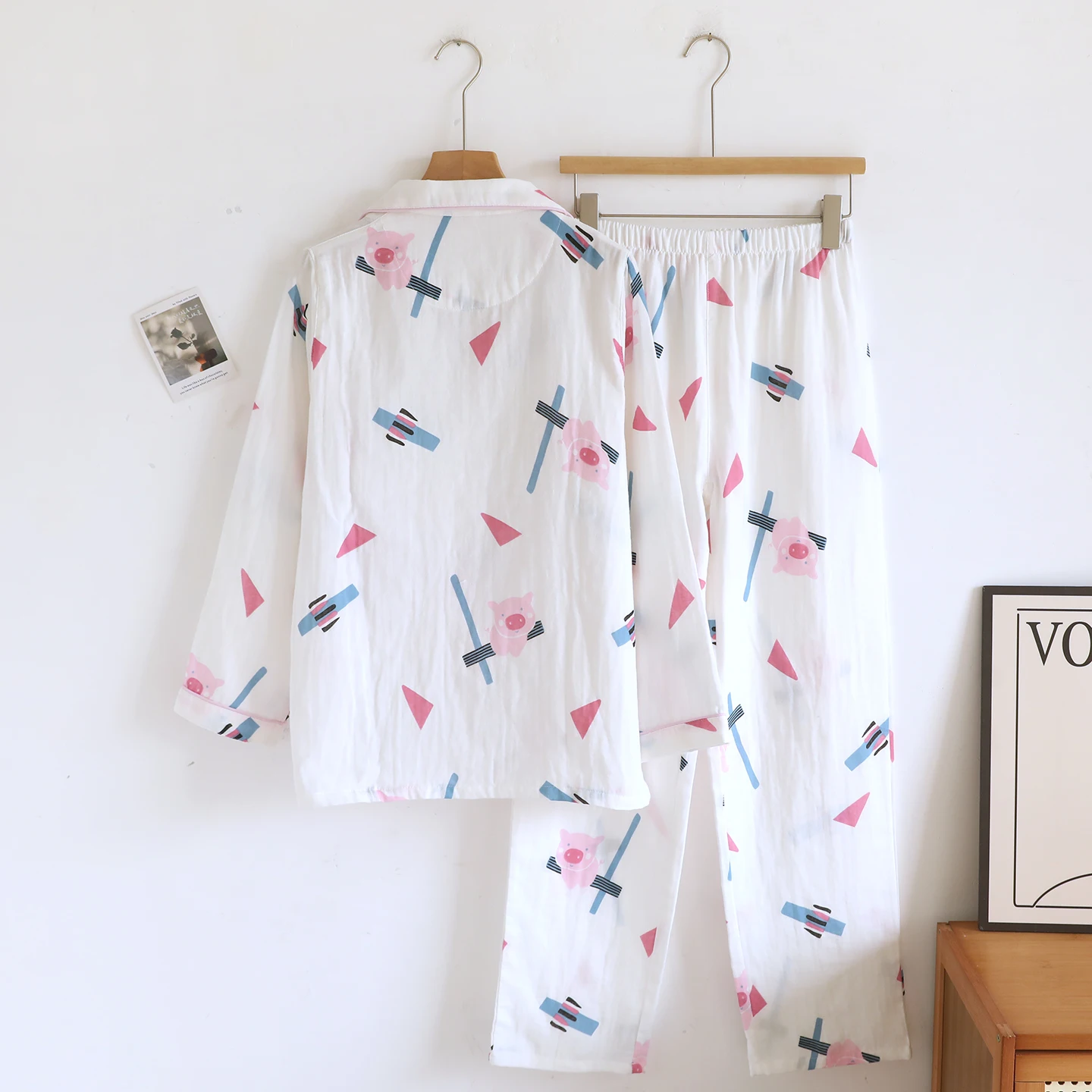 2pcs Women's Pajama Set Japanese Style 100% Cotton Double Layer Gauze Long Sleeve Button Down Lightweight Soft Breathable Comfy