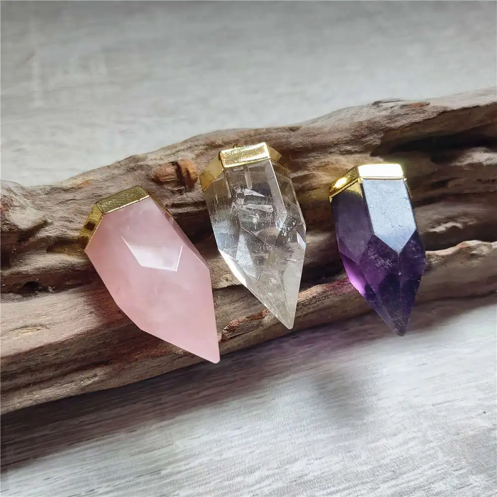 FUWO Wholesale Natural Crystal Bullet Pendant,Golden Plated Clear Quartz/Fluorite Accessories For Necklace Making 5Pc/Lot PD326H