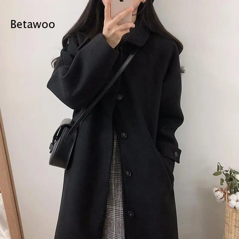 Women Solid Color Lapel Collar Single Breasted Blend Long Coat Loose Long Sleeve Mid Length Overcoat with Side Pockets