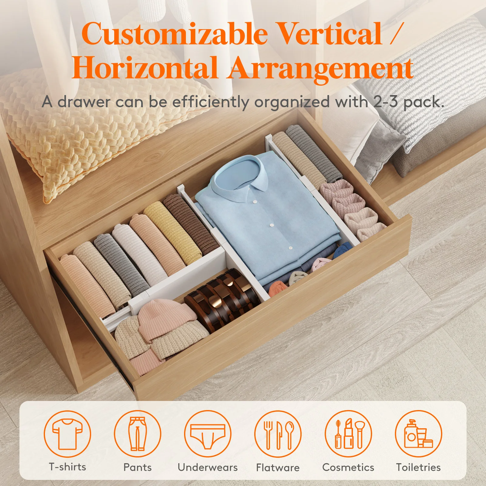 فواصل الأدراج البلاستيكية، منظمات الأدراج القابلة للتعديل للملابس، فواصل خزانة قابلة للتوسيع في غرفة النوم/الحمام/المطبخ