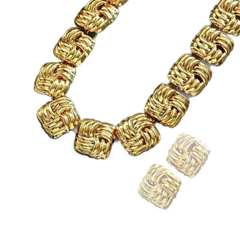 Women Retro Braided Knot Jewelry Set Gold Tone Chunky Textured Matching Necklace & Earrings Trendy Formal Accessories