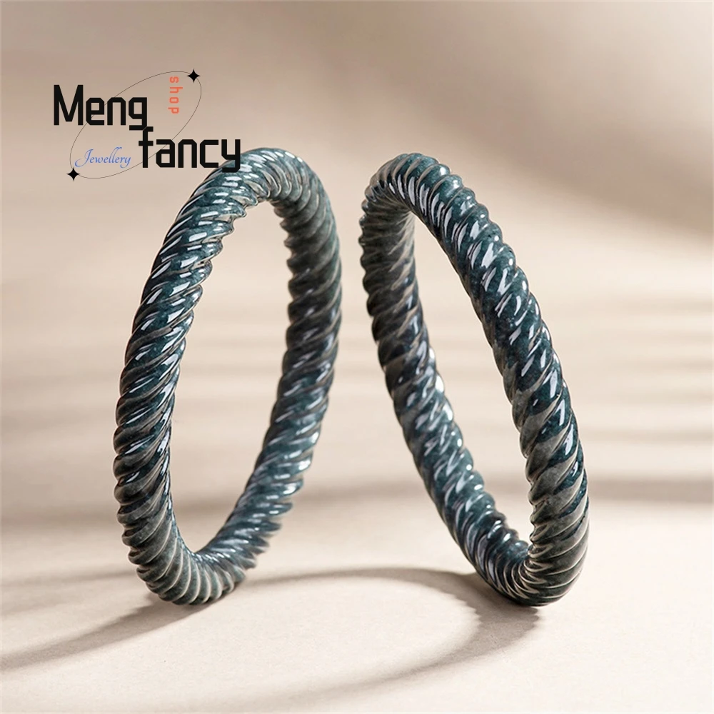

Natural A-Grade Jade Black-Bone Chicken Round Bar Three-Dimensional Twisted Bracelet, Peace Bracelet, Ice Seed Jade Bracelet
