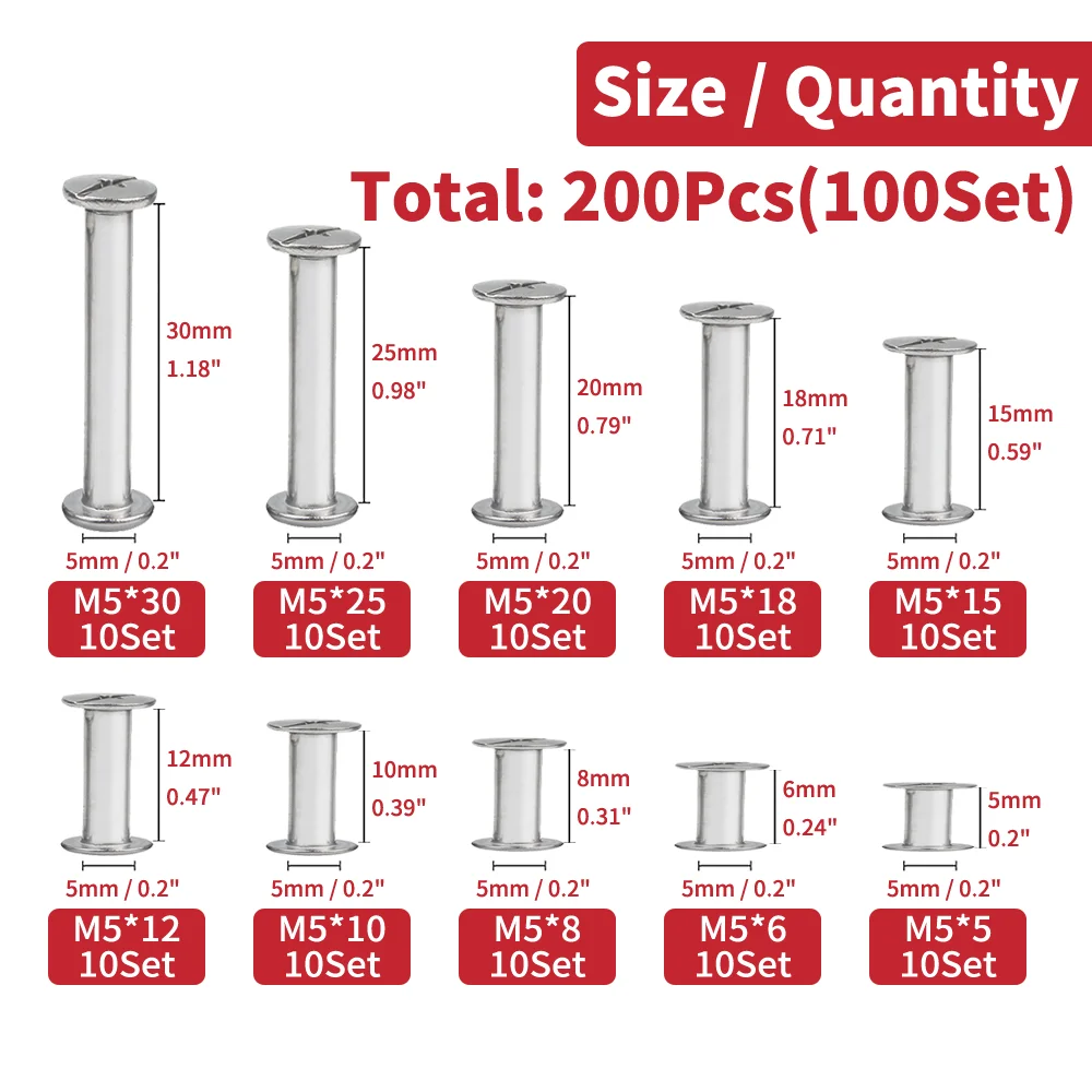 200PCS Phillips Chicago Screws Silvery Binding Screw Posts, Photo Albums Scrapbook Extension Screws Assorted Kit, 10 Sizes