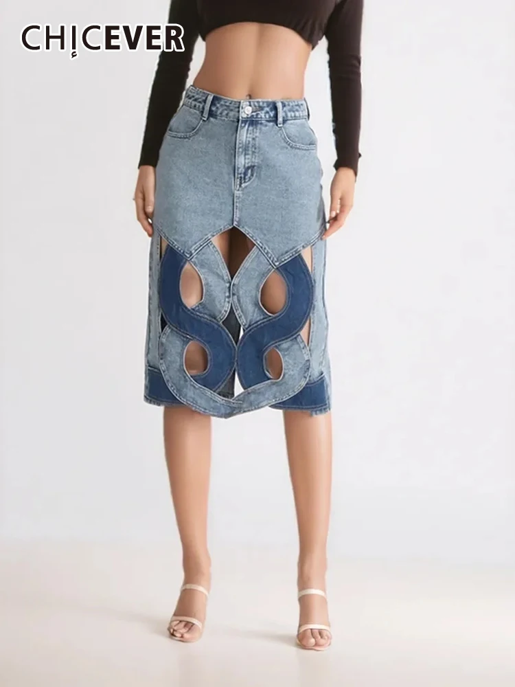 

CHICEVER Colorblock Hollow Out Denim Skirts For Women High Waist Patchwork Pockets Casual Slimming A Line Midi Skirt Female New