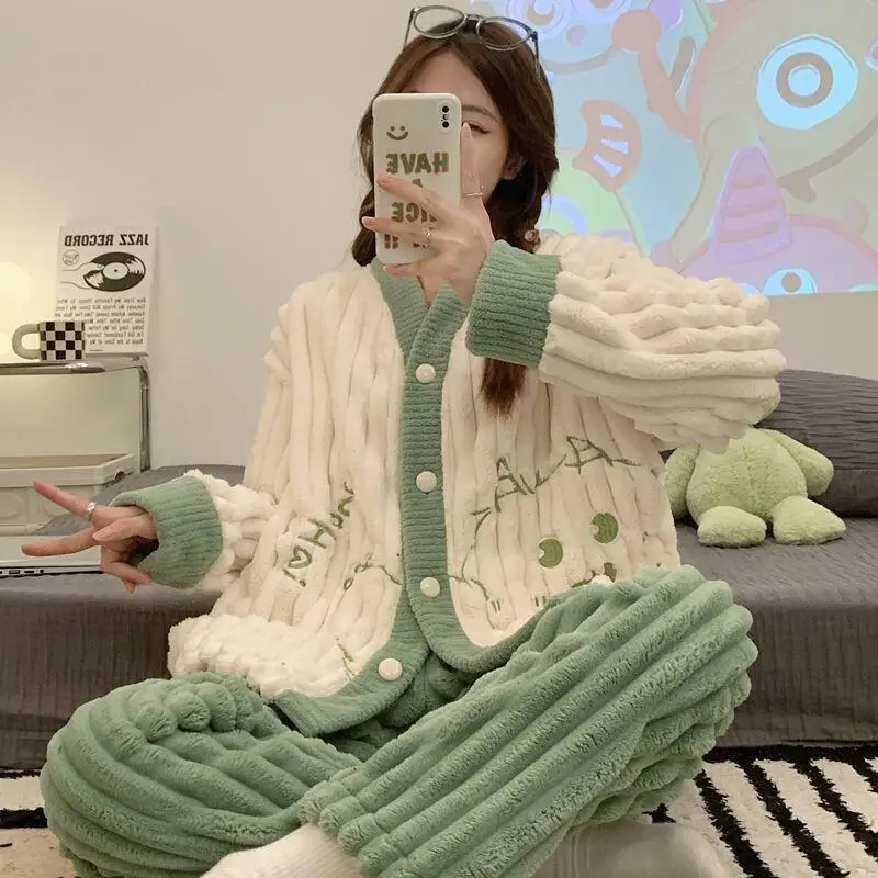 

Women's pajamas Comfortable Sleepwear Cotton Pajama Set winter autumn Coral Fleece Monster Wearable Thick Flannel Home Suit