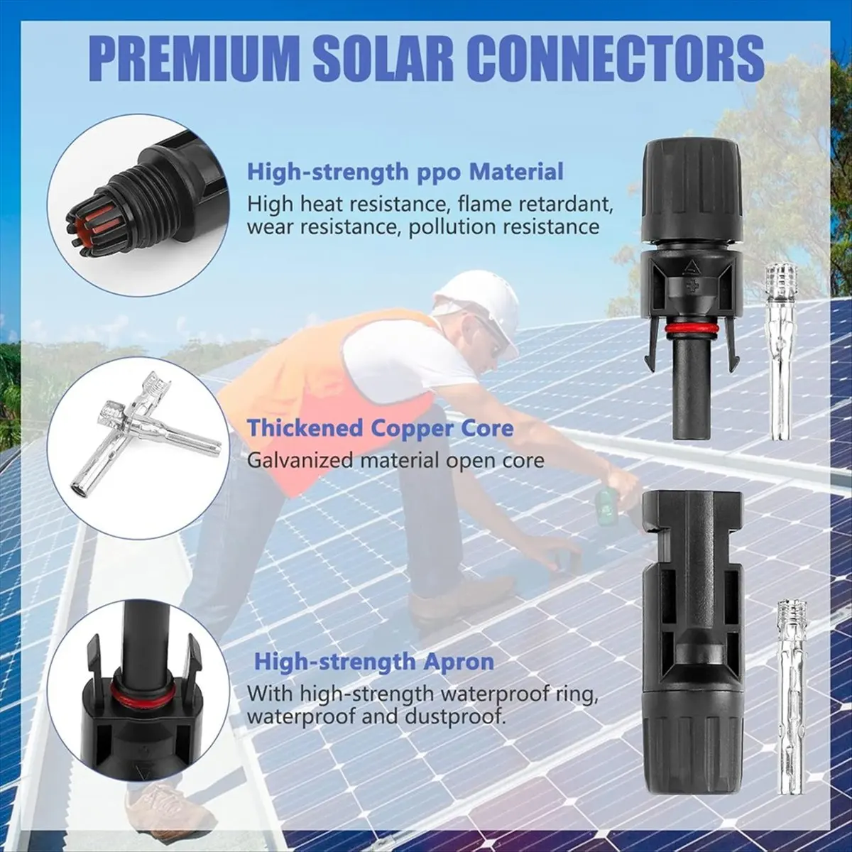 10 Pairs Solar Connector,20Pcs Solar Panel Cable Connectors Adapter Male/Female IP68 1000V 30A with 2 Spanners 10AWG