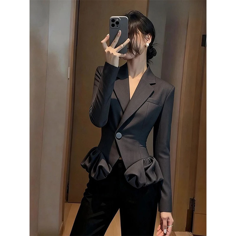 Black Blazer Women Elegant Cropped Ruffles Patchwork Suit Jacket Office Ladies Fashion Commute Coat Korean Design Outerwears New