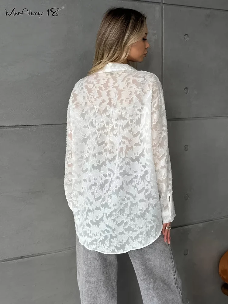 Mnealways18 White Jacquard Weave Oversized Shirts Office Ladies Lapel Casual Classic Perspective Blouses And Tops Autumn 2024