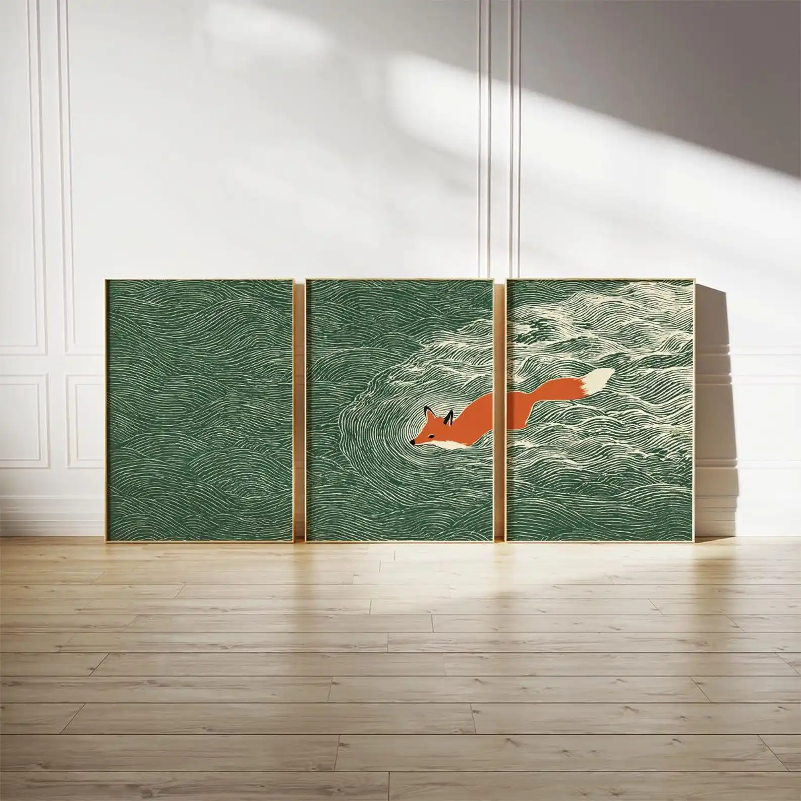 3pcs frameless Canvas Painting 3pcs/Set Japanese Retro Fox Ocean Canavs Wall Art Prints Unframed Abstract Green Wave Triptych fo