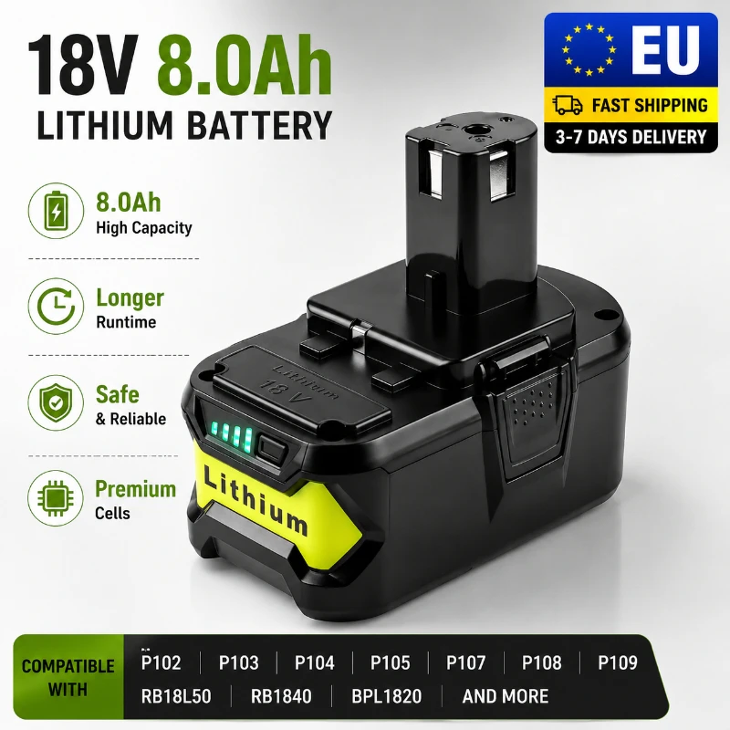 Ryobi P108 18V 8,0Ah Lithium-Ionen-Akku Ersatz für P102 P103 P104 P105 P107 Wiederaufladbarer Elektrowerkzeug-Akku EU Schnelle Lieferung
