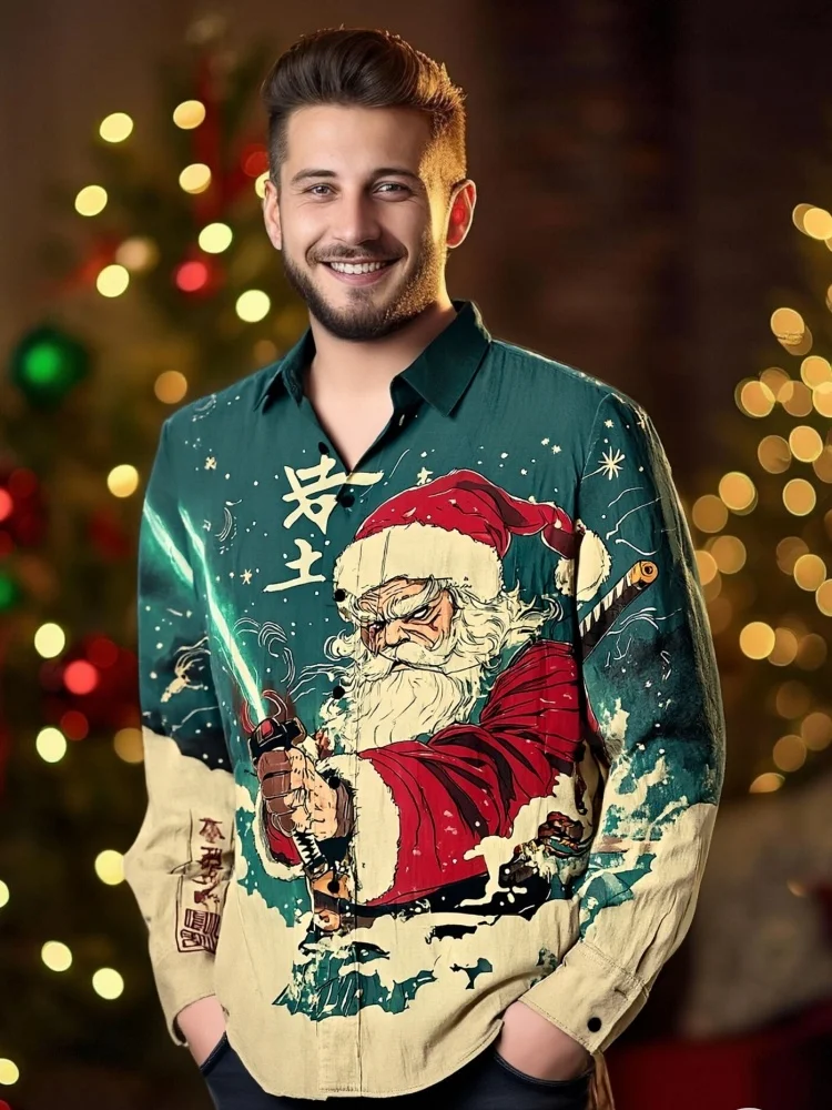 Men's Santa Claus Holding A Lightsaber Print Long Sleeve Shirt Vintage Lapel Collar Buttons Holiday Christmas Day Tops Tunics